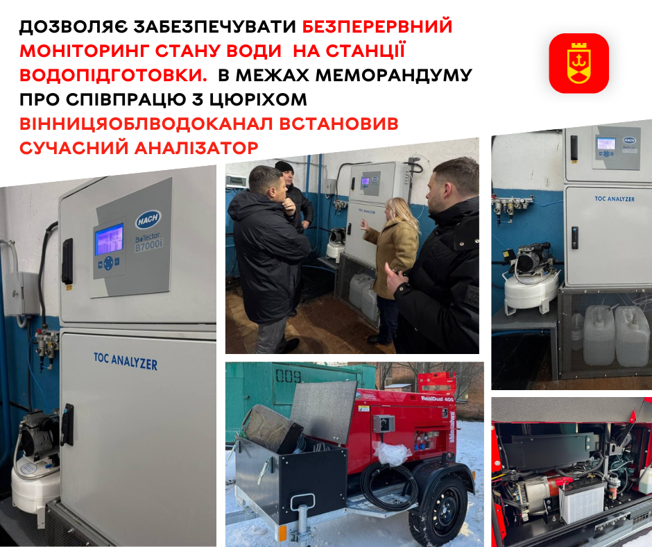 Дозволяє забезпечувати безперервний моніторинг стану води  на станції водопідготовки.  В межах Меморандуму про співпрацю з Цюріхом Вінницяоблводоканал встановив сучасний аналізатор